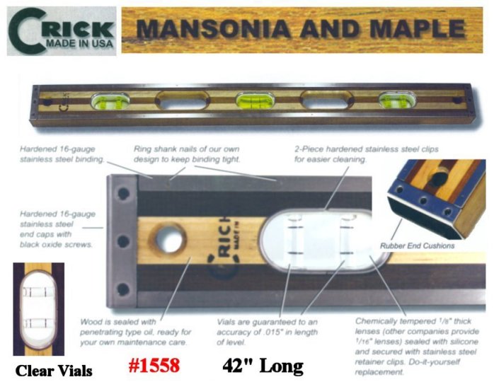 42" Crick Five Piece Laminate Hardwood Masonry & Construction Builders Carpenters Level With Rubber End Cushions & Clear Vials