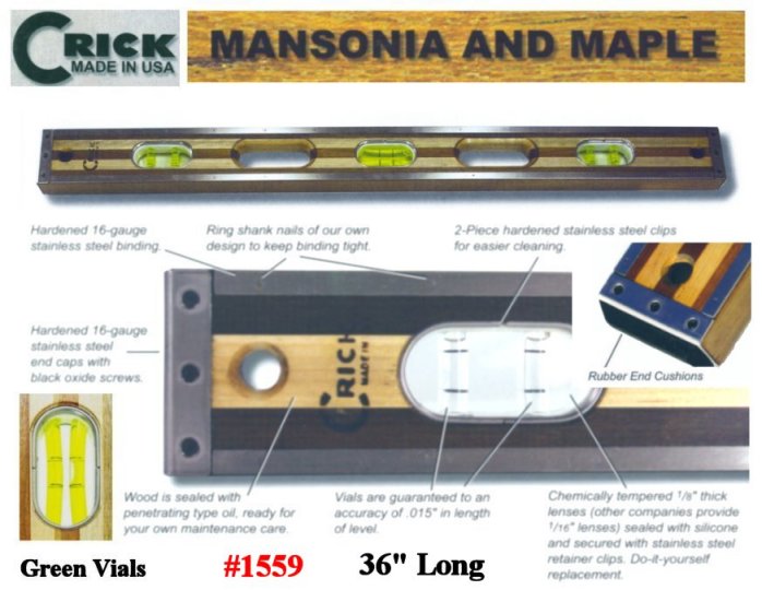 36" Crick Five Piece Laminate Hardwood Masonry & Construction Builders Carpenters Masons Level  With Rubber End Cushions & Green Vials