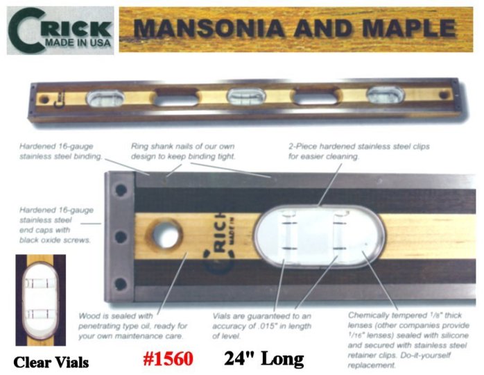 24" Crick Standard Three Piece Laminate Hardwood Level With Clear Vials