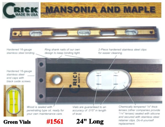 24" Crick Standard Three Piece Laminate Hardwood Level With Green Vials