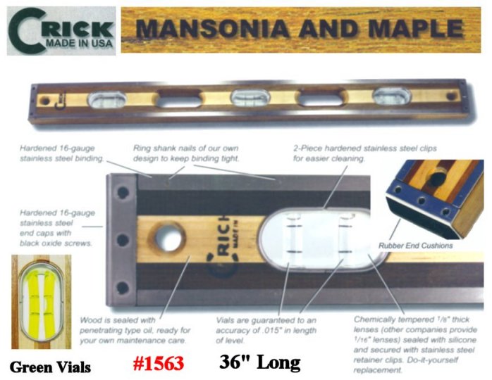 36" Crick Standard Three Piece Laminate Hardwood Level With Rubber End Cushions & Green Vials