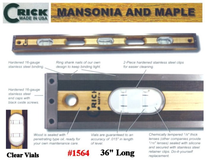 36" Crick Standard Three Piece Laminate Masonry Construction Builders Carpenters Masons Hardwood Level With Clear Vials