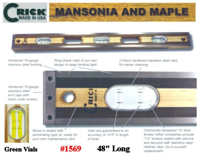 48" Crick Standard Three Piece Laminate Hardwood Masonry Builders & Construction Carpenters Masons Level With Green Vials