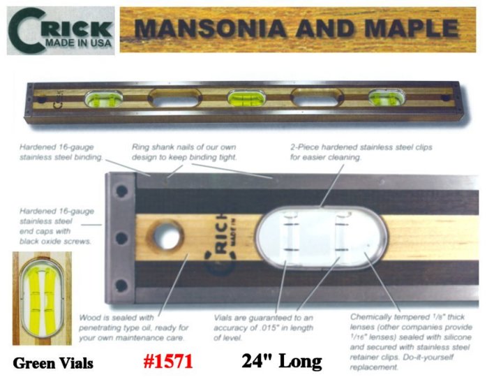 24"  Crick Five Piece Laminate Hardwood Masonry & Construction Builders Carpenters Masons Hardwood Level With Green Vials