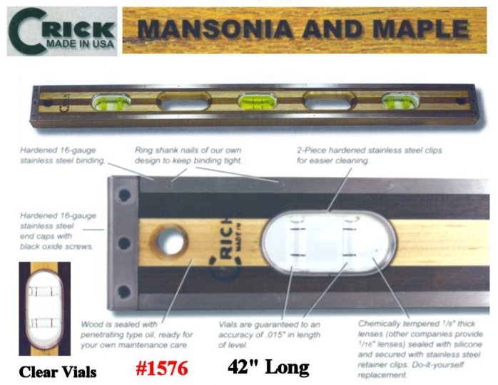 42"  Crick Five Piece Laminate Hardwood Masonry & Construction Builders Carpenters Masons Hardwood Level With Clear Vials