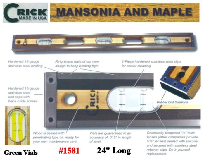 24"  Crick Five Piece Laminate Hardwood Masonry & Construction Builders Carpenters Masons Level With Rubber End Cushions & Green Vials