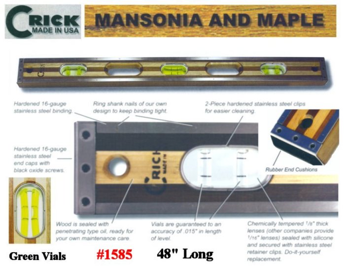 48" Crick Five Piece Laminate Hardwood Level With Rubber End Cushions & Green Vials