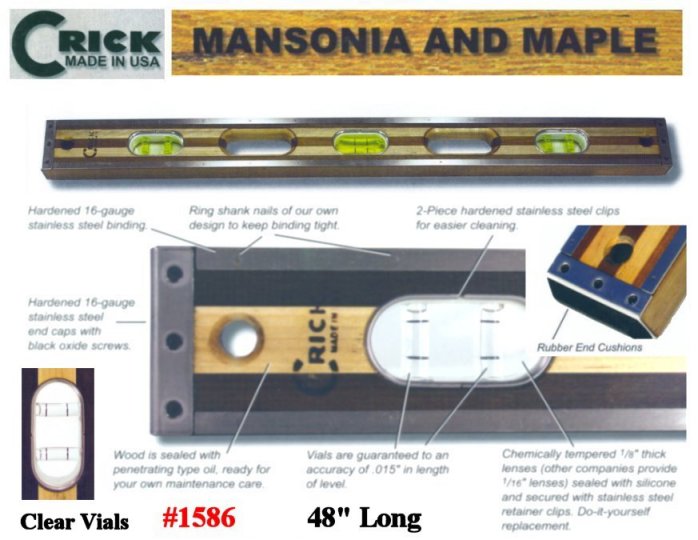 48" Crick Five Piece Laminate Hardwood Level With Rubber End Cushions & Clear Vials