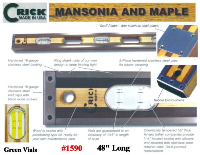 48" Crick Standard Three Piece Laminate Hardwood Level With Stainless Scuff Plates, Rubber End Cushions & Clear Vials