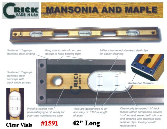42" Crick Standard Three Piece Laminate Masonry & Construction Builder Carpenters Masons Level With Rubber End Cushions & Clear Vials