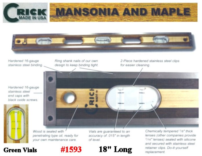 18" Crick Standard Three Piece Laminate Hardwood Masonry Builders & Construction Carpenters Masons Level With Green Vials