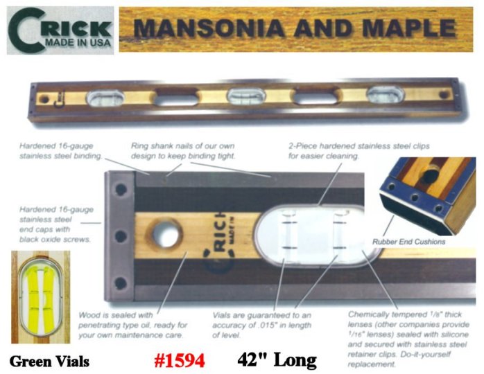 42" Crick Standard Three Piece Laminate Masonry & Construction Builder Carpenters Masons Level With Rubber End Cushions & Green Vials
