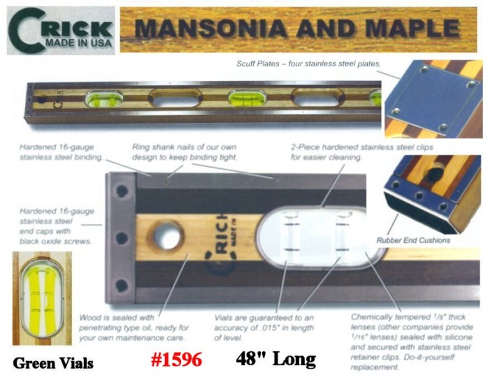 48" Crick Five Piece Laminate Masonry & Construction  Builders Level With Rubber End Cushions - Stainless Scuff Plates &  Green Vials